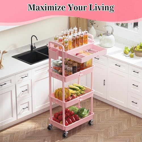 SUNALLY 4 Tier Rolling Cart with Drawer, Craft Storage Cart Organizer, Pink - Image 6