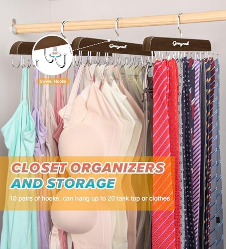 Gomyrod Tank Top Hanger, 2 Pack w/40 Hooks Bra Hanger for Closet Organizer | Premium Wood Space Saving Hanger, 360°Rotating Closet Organizers and Storage, Multi Hook Hanger for Dorm & Apartment,Brown - Image 4