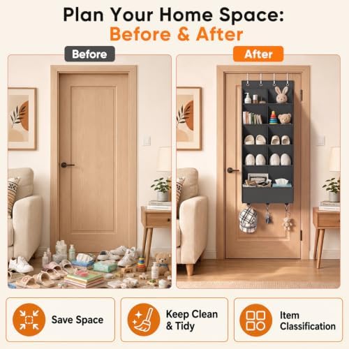 5 Tier Over the Door Shoe Organizer with 3 Bottom Hooks, Beige - Image 6