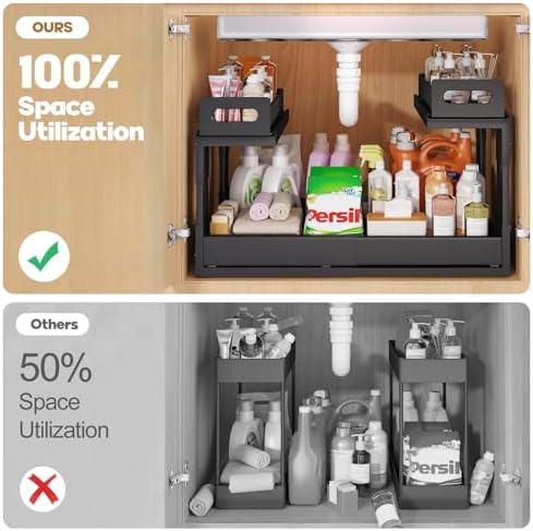 1 Pack Expandable Under Sink Organizers And Storage With Upgrade Ball-Bearing Slide Tracks,2-Tier Pull Out Under Cabinet Organizer Height Adjustable,Slide Out Under Sink Drawers-Black(Patent Pending) - Image 4