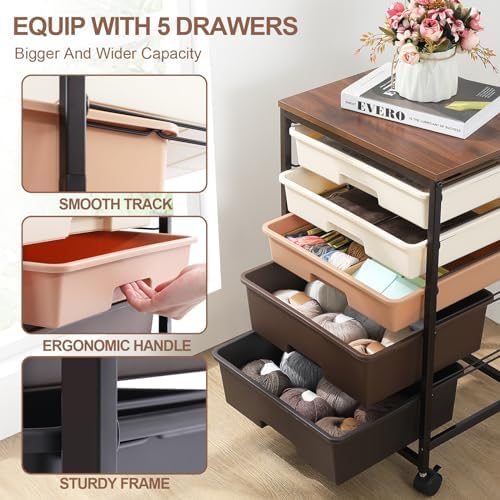 SYKIARIOL Rolling Cart with Drawers, 5 Drawers Utility Cart, Dark Brown - Image 4