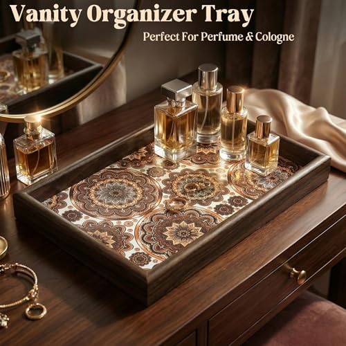 Wooden Valet Tray with Leather Base - Nightstand Catchall Organizer for Cologne, Perfume, Keys, Wallet, Phone, Watch, Jewelry & Sunglasses (Bohemian) - Image 7