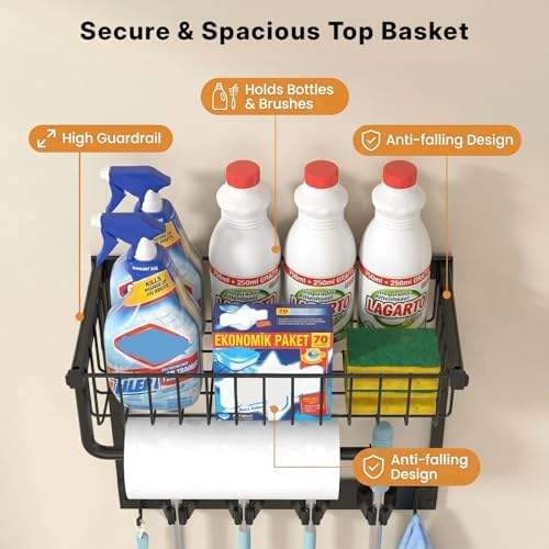 Broom Holder Wall Mount with Paper Towel Holder& Removable Anti-fall Basket - Image 2