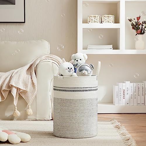 VIPOSCO 58L Tall Woven Rope Laundry Hamper, Leather Handles, Stripe White - Image 2