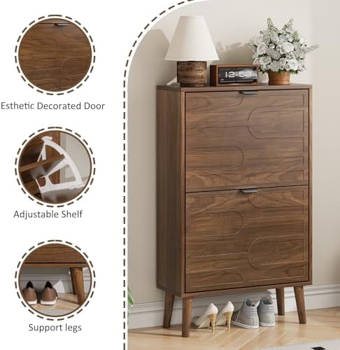 Shoe Cabinet Storage for Entryway with 2 Flip Drawers, Narrow Shoe Cabinet for Entryway, Hidden Slim Shoe Organizer Rack Cabinet (Brown, 23.6" W) - Image 3