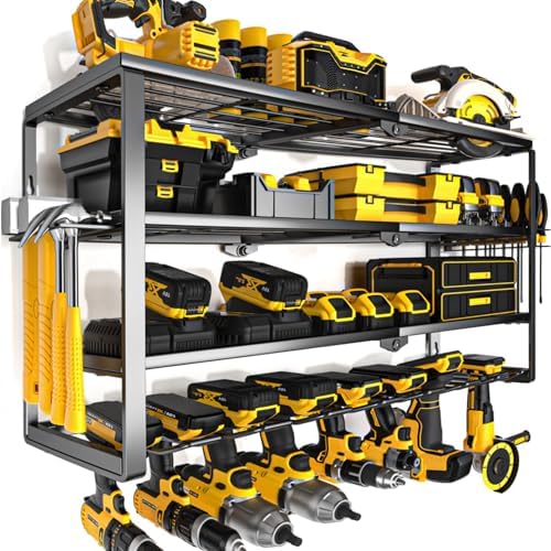 YYR 4 Layer Power Tool Organizer Wall Mount, Cordless Drill Hanger Storage Rack, Battery Tools Holder with Charging Station Shelf for Garage Organization, Workshop, Pegboard, Shed - 32 Inch 8 Slots by YYR