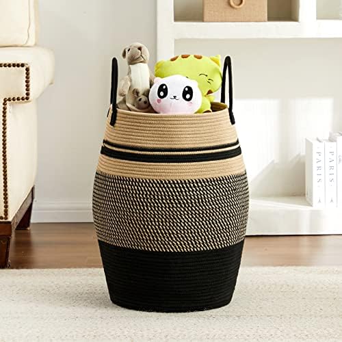Large Laundry Hamper Basket 65L Woven Blanket Basket, Brown & Black - Image 6