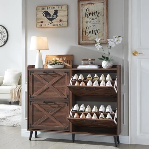Barnyatoh Farmhouse Shoe Storage Cabinet,Shoe Organizer with 4 Flip Drawers by Barnyatoh
