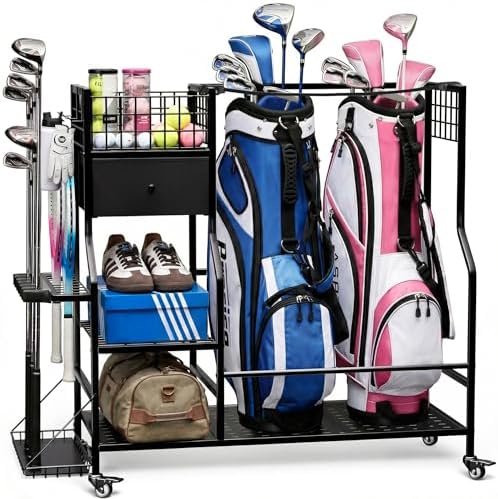 Faesun Golf Bag Organizer for Garage, Golf Bag Storage Rack with 6 Club Slots, Golf Club Organizer with Fabric Drawer & Wheels, Golf Storage Organizer Holds 2 Bags, Golf Rack Storage System by Faesun
