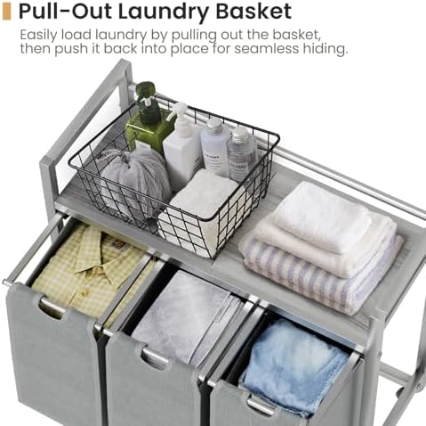 SwaaVee Laundry Sorter, Laundry Hamper 3 Section, 3×11.4Gal, Metal Frame Rolling Laundry Basket with Wooden Top Shelf, Pull out and Removable Laundry Bags, 3 Bags-Gray - Image 5