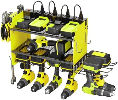 CCCEI Modular Power Tool Organizer Wall Mount Charging Station, Green 6 Drills Holder with 8 Plug Power Strip 6FT, Garage Drill Battery Heavy Duty Metal Shelf, Utility Rack with Hooks, Side Storage. by CCCEI