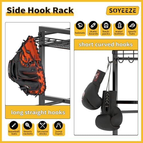 SOYEEZE Sports Equipment Organizer- Ball Storage for Garage,4 Tiers Outdoor Toy Storage,Soccer Racks,Basketball Shooting Training Stand Cart with Wheels and Hooks for Home-School and Gym Use - Image 5