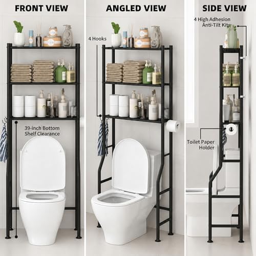 GloTika 3-Tier Over Toilet Storage, Anti-Tilt, 64" H, Black - Image 2