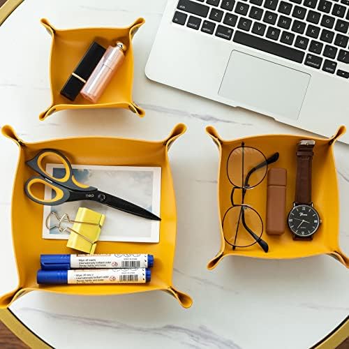 3 packs PU Leather Tray in 3 Sizes Jewelry Tray Glossy Leather Desk Organizer Leather Catchall Tray for Jewelry/Key/Coin/Sun Glasses/Watch/USB Cables etc. (yellow) - Image 2