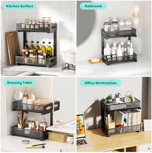 Under Sink Organizer, 2-Pack of 2-Tier Metal Slide Out Pull Out Cabinet Organizer Shelf, Height Adjustable Organization and Storage Series, Bathroom/Desktop/Cabinet/Kitchen Organization, Black - Image 6