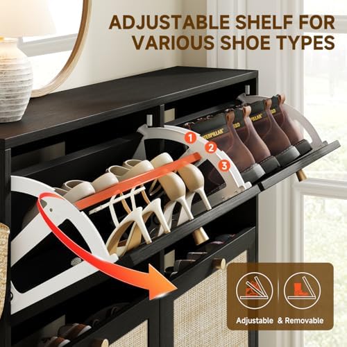 Nicetree Shoe Cabinet Storage for Entryway, 4-Flip Drawer Narrow Shoe Rack with Adjustable Shelves, Boho Modern Square Rattan Shoe Organizer, Slim Wood Storage Cabinets for Small Spaces Fits Size 13.5 - Image 5