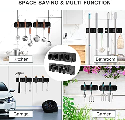 homeasy Wall Mount Mop and Broom Holder, Heavy Duty Stainless Steel Organizer Rack with Hooks | 2-Pack, 2-in-1 No Drill & Screw Installation, Black - Image 6