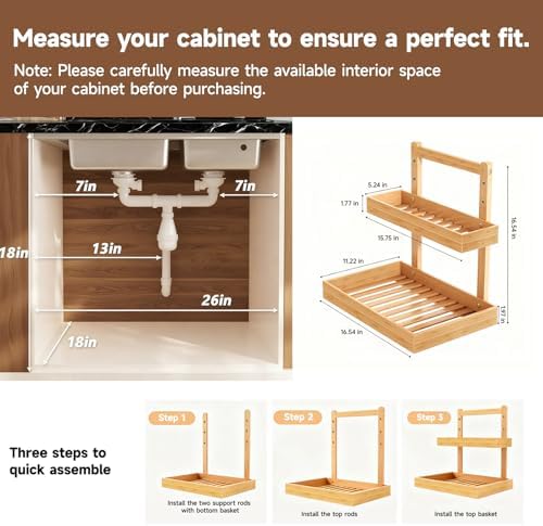 Bamboo Under Sink Organizer - 2 Tier Pull Out Cabinet Shelves with Adjustable Height, Undersink Storage Slide Out for Kitchen Bathroom Cabinet Pantry (Natual, 2 Packs) - Image 2