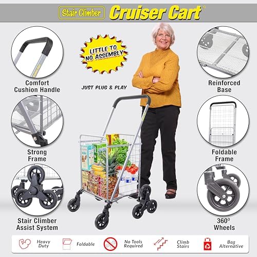 dbest Products Stair Climber Cruiser Cart Shopping Grocery Rolling Folding Laundry Basket on Wheels Foldable Utility Trolley Compact Lightweight Collapsible, Silver - Image 2