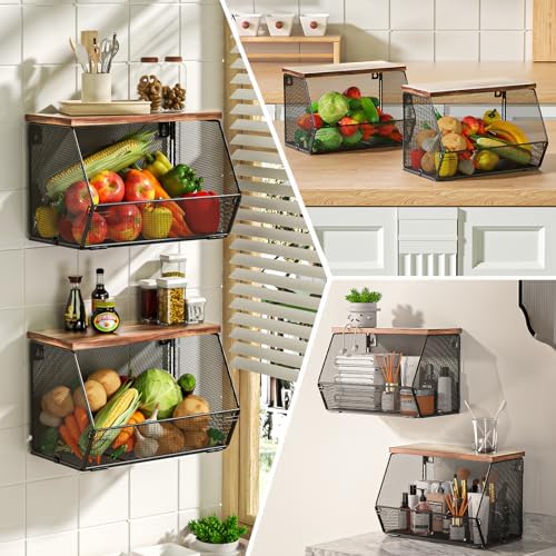 Stackable Fruit Basket for Kitchen Countertop Space Saving, Wall Mounted Mesh Metal Wire Baskets with Wood Lid Extra Storage, 2 Pack Kitchen Counter Organizer for Snack, Onion and Potato Storage - Image 5