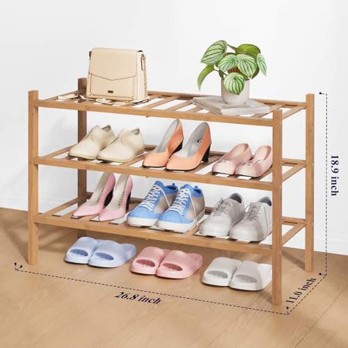 Kitsure Bamboo Wooden Shoe Rack for Closet, 26.8" Wide - 3 Tiers, Brown - Image 2