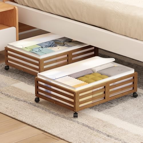 Under Bed Storage with Wheels-Large Bamboo Underbed storage Containers with Large Dust Bag Stackable Under the Bed Shoe Storage Bins for Clothes Books Bedding (2 Packs walnut, 23.62"L×16.54"W× 6.51"H) - Image 2