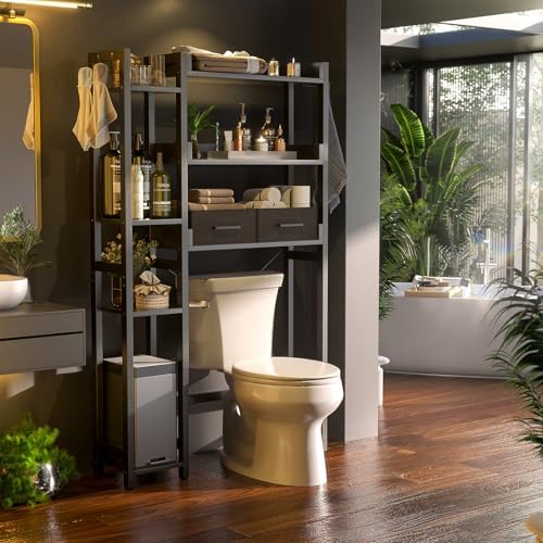 Besiost Over The Toilet Storage, 7 Tier Bathroom Organizer with Reversible Side Shelf and 2 Fabric Drawers, Adjustable Freestanding Rack Space Saver for Small Spaces, Black - Image 2