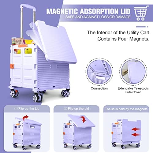 Foldable Utility Cart Folding Portable Rolling Crate with Magnetic Extended Lid,360°Rotate Wheels,176LBS Load Capacity,Heavy Duty Durable Dolly Cart for Teacher Tourist Shopping Office Outdoor - Image 5