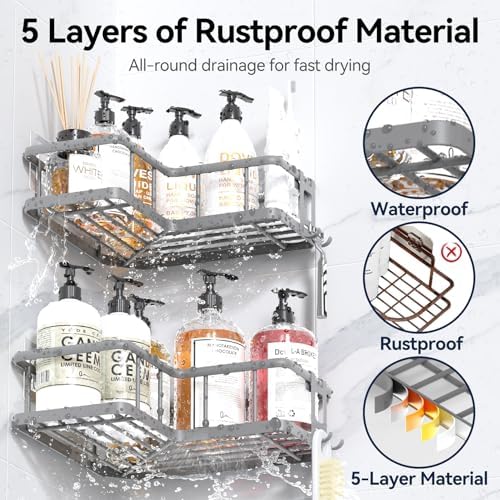 YASONIC Corner Shower Caddy Adhesive, 100% Rustproof Shower Organizer with Soap Holder, No Drill Shower Shelf for Inside Shower, Wall-Mounted Shower Storage for Homes (3 Pack, Grey) - Image 5