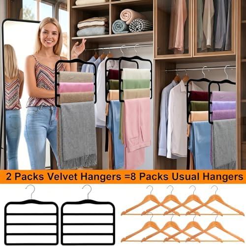 4 Tier Velvet Pant Hangers, 2 Pack Non Slip Multi Layer Closet Organizers | Space Saving Black Storage Hangers For Jeans, Leggings, Scarves,Skirts, Ideal For Dorm Rooms, Apartments, RVs Or Small Closet - Image 3