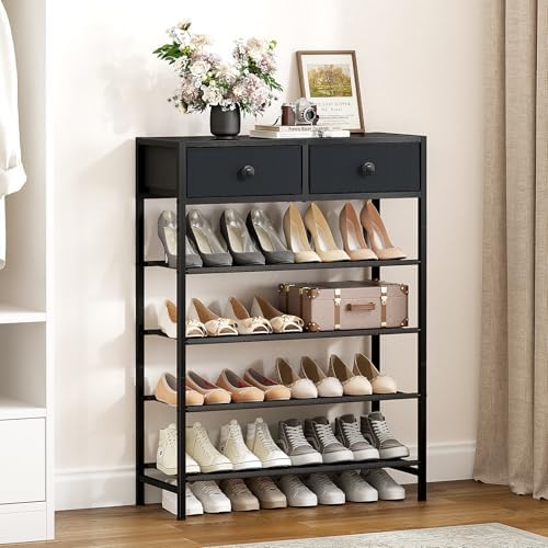 5 Tier Shoe Rack with 2 Drawers Black Grey - Image 2