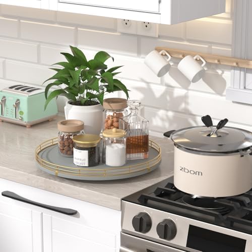 Oroyutor 13-Inch Gray Wooden Lazy Susan Spice Organizer with Gold Rail - Image 3