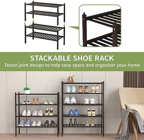 ROMGUAR CRAFT 4 Tier Bamboo Shoe Rack for Closet Free Standing Wood Shoe Shelf for Entryway Small Space Stackable 27"x11"x26" (Brown) - Image 5