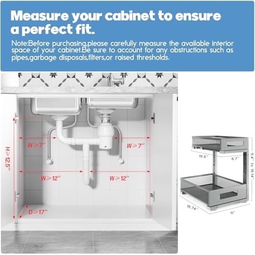 1 Pack-11.4"-16.14" H Under Sink Storage Organizer, Large 2-Tier Elegant Mesh Pull Out Shelf for Kitchen & Bathroom Cabinet Organization, L-Shaped, Adjustable Height-Gun Gray - Image 2