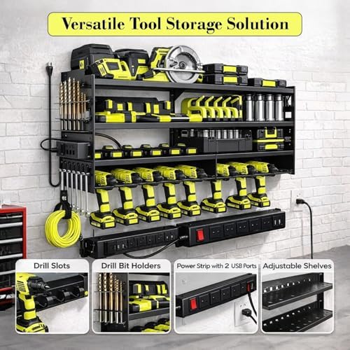 Large Power Tool Organizer Wall Mount with Charging Station, 6-Shelf Heavy Duty Metal Tool Storage Rack, Cordless Drill Holder Slots, Screwdriver Racks & Hook Bar for Garage Workshop - Image 2