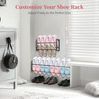 3 Pack Wall Mounted Shoe Rack for Narrow Spaces, Hanging Shoe Rack Holds 24 Pairs, 17"-30"Adjustable Heavy Duty Wall Shoe Storage with 6 Storage Hooks, Space Saving for Closet Entryway Door, Black - Image 4
