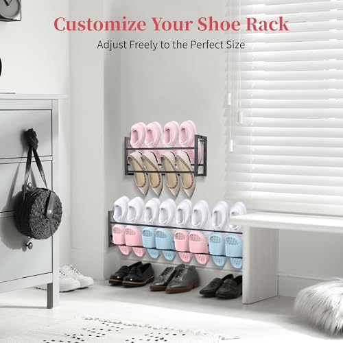 3 Pack Wall Mounted Shoe Rack for Narrow Spaces, Hanging Shoe Rack Holds 24 Pairs, 17"-30"Adjustable Heavy Duty Wall Shoe Storage with 6 Storage Hooks, Space Saving for Closet Entryway Door, Black - Image 4