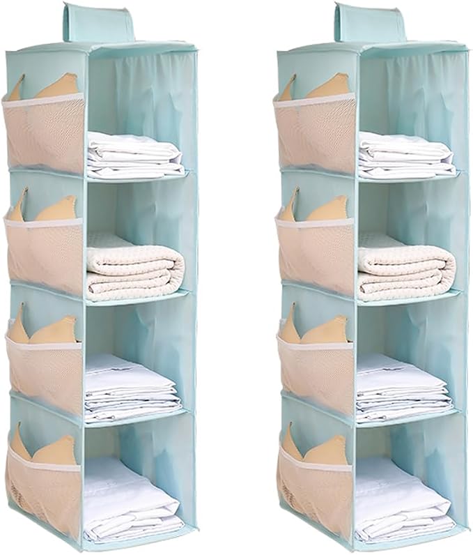 Hanging Closet Organizer, 4-Section Storage Shelves, Oxford Cloth with Mesh Pockets, (Cerulean, 4 Section) by Fasolara