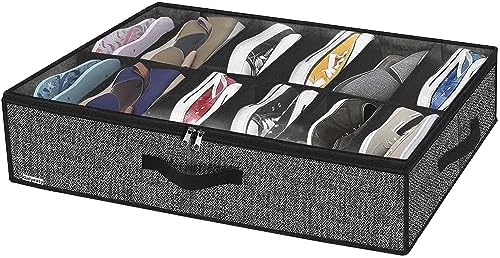 Onlyeasy Under Bed Shoe Storage Organizer with Sturdy Handles and Clear Window 1 Pack Fits 12 Pairs, Premium Foldable Underbed Shoes Container Box for Closet, Linen-like Black, MXAUBSB1P by Onlyeasy