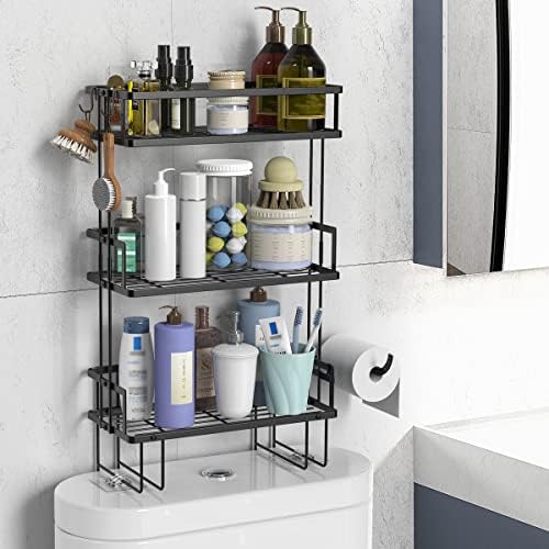 FLOLXNB Over The Toilet Storage Shelf, 3-Tier Bathroom Storage Organizer Upgrade Punch-Free Toliet Storage Shelf, Home Storage Rack with Hooks Shelf,Black by FLOLXNB