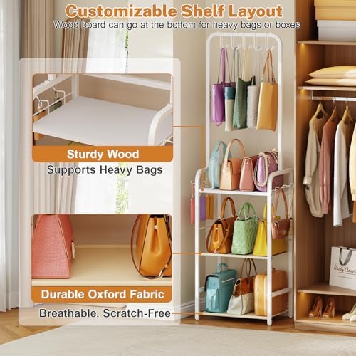 Tall Purse Organizer for Closet with 5 Purse Hanger & 6 Side Hooks, 4 Tier - Image 3