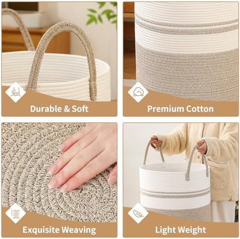 Laundry Basket Hamper Tall Rope Storage Woven for Blanket toys Dirty Clothes in Living Room Bathroom Bedroom (Brown&White, 60L/15.8Gal) - Image 4