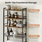 Over The Toilet Storage Shelf, 4-Tier Bathroom Organizer with Basket & Hooks, Sturdy Space Saver for Small Bathrooms, Rustic Brown & Black - Image 3