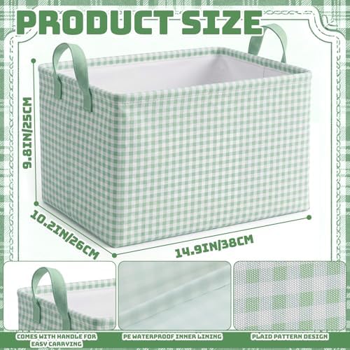 Hushee Green Gingham Basket Checkered Storage Collapsible Bin with Handles - Image 2