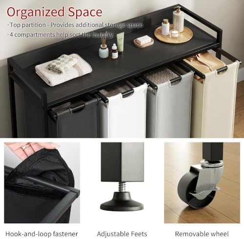 Herture Laundry Hamper with Shelf, Laundry Basket 4 Section, Laundry Sorter with Pull-Out Removable Large 4 Color Bags and Movable Wheels, Metal Frame, 4 x 15.87 Gallons (60L), Black PF07XLK - Image 3