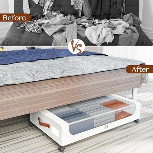Under Bed Storage with Wheels, UnderBed Storage Containers with Clear Lid and Handles, XXL 60L Under the Bed Storage Bins Drawers for Clothes,Blankets,Shoes,Books (WHITE, 2 PACK) - Image 5