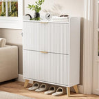 Slim Shoe Storage Cabinet for Entryway, 2 Flip Drawers Wooden Organizer with Fluted Panel, Secure Fence Top for Plants & Decor, Hidden Shoe Storage for Hallway & Foyer (White) by DamcropFurniture