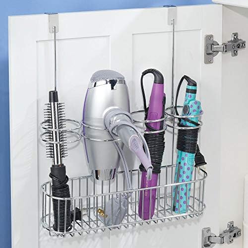 mDesign Metal Over Door Bathroom Hair Care & Styling Tool Organizer Storage Basket for Hair Dryer, Flat Irons, Curling Wands, Hair Straighteners - Hang Inside/Outside Cabinet Doors - Chrome - Image 2