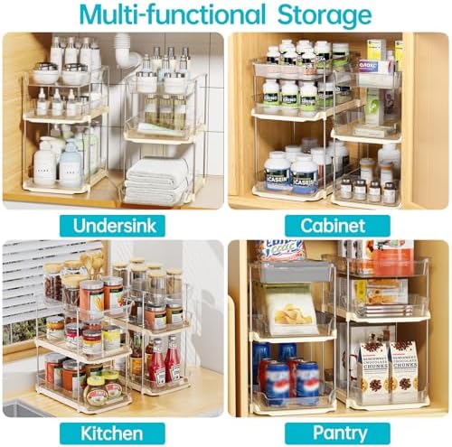 Delamu 2 Pack 3-Tier Bathroom Under Sink Organizers and Storage, Multi-Purpose Stackable Pantry Organization and Storage, Pull Out Clear Kitchen Bathroom Cabinet Organizer with Movable Dividers, Beige - Image 6