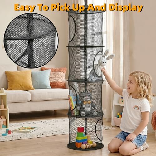 Hanging Stuffed Animal Storage Hammock Net 4 Tiers, Black - Image 5